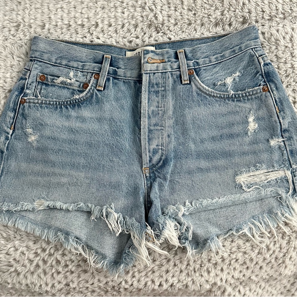 Agolde Blue Distressed Jean Shorts High-Rise